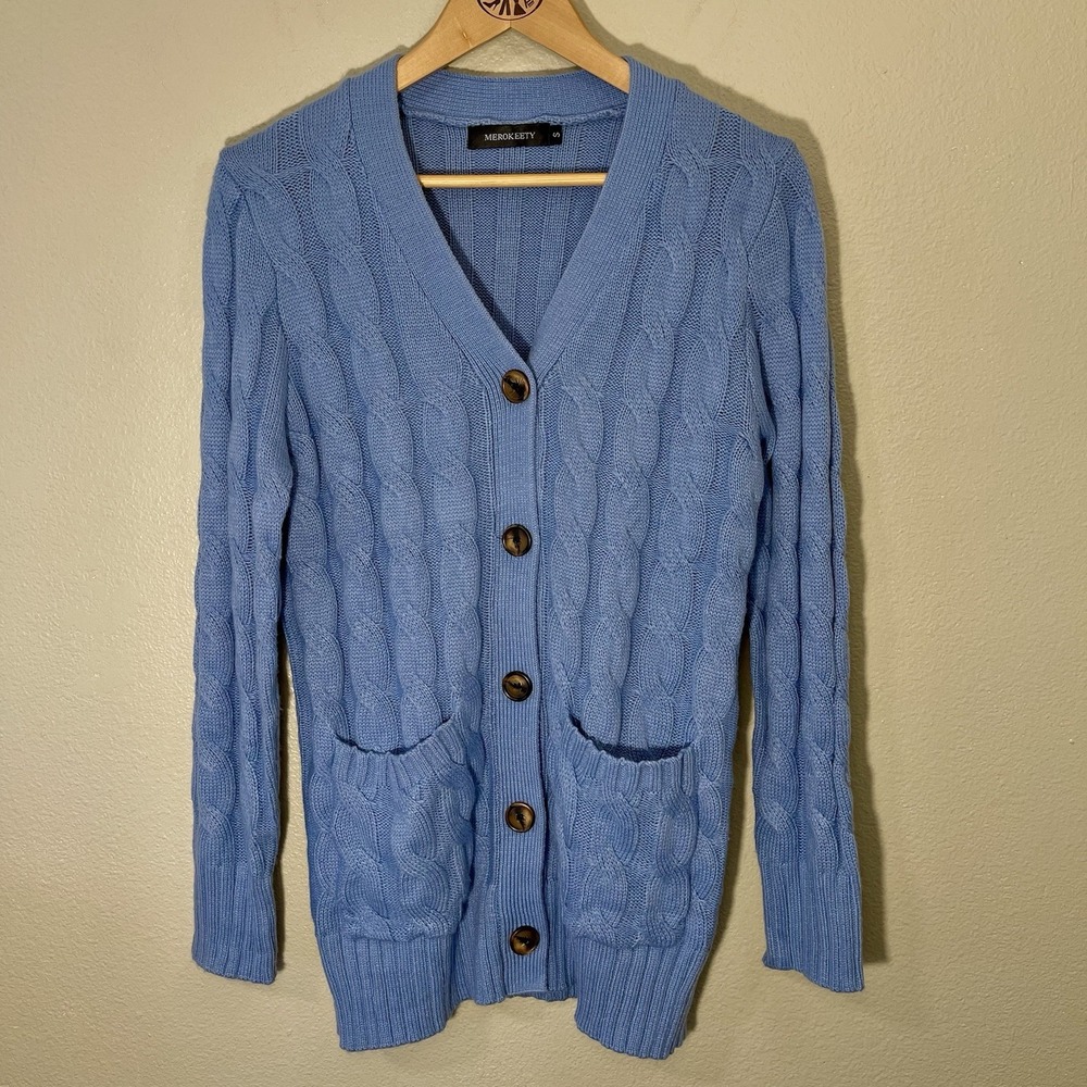 Merokeety Cable Knit Long Blue Cardigan Academia Costal Grandma Cozy‎ Homey Sz S